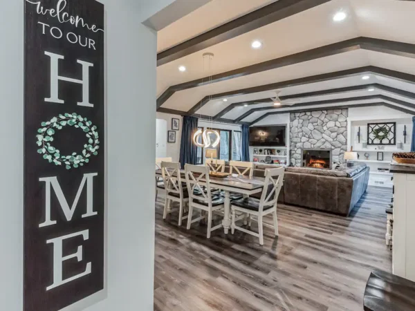 Open living and dining room in a riverfront home in Niles, Michigan